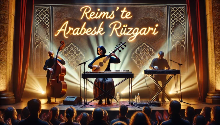 DALL·E 2025-03-08 22.51.46 - A concert scene in Reims, France, featuring young Turkish-origin musician Canan Aksu performing on stage. She passionately plays the bağlama while acc