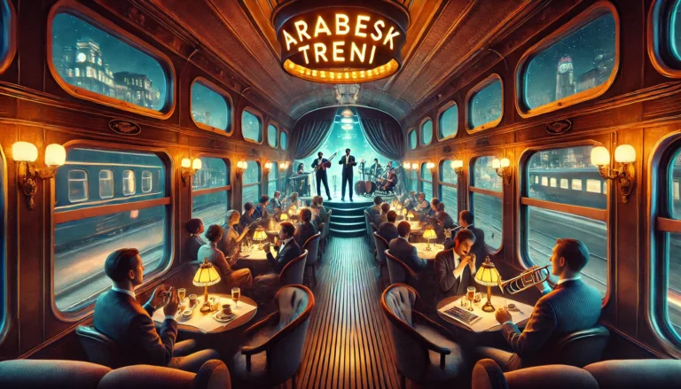 DALL·E 2025-03-08 22.56.59 - A luxurious midnight train, known as the 'Arabesk Treni,' traveling through the night with a vibrant onboard concert. Inside the train, a stage is set